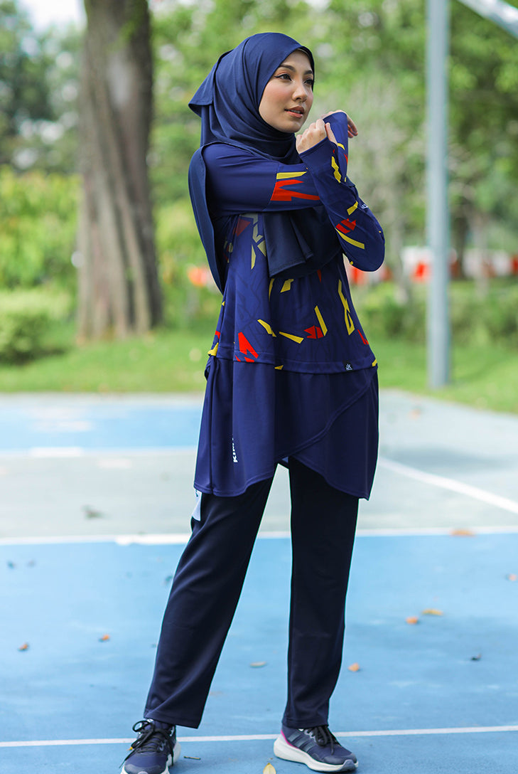 abstract pattern with blue base activewear for muslimah