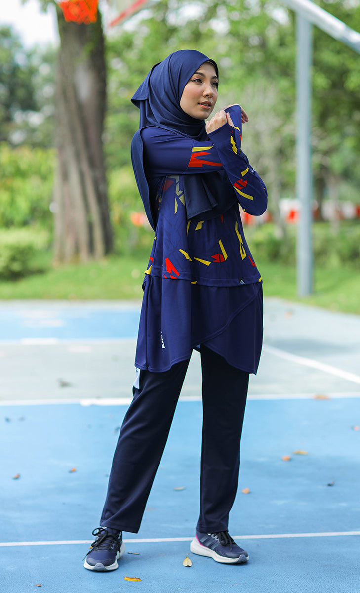 abstract pattern with blue base activewear for muslimah