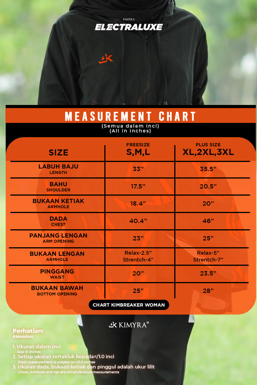 size chart for muslimah windbreaker
