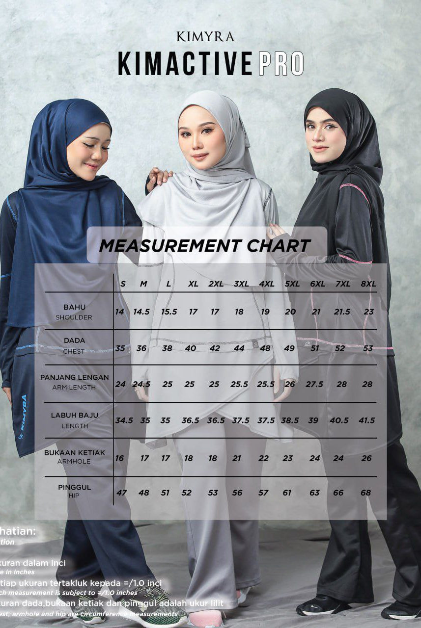 Measurement chart for muslimah sportswear