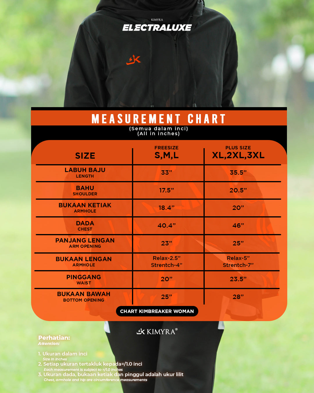 size chart for muslimah windbreaker